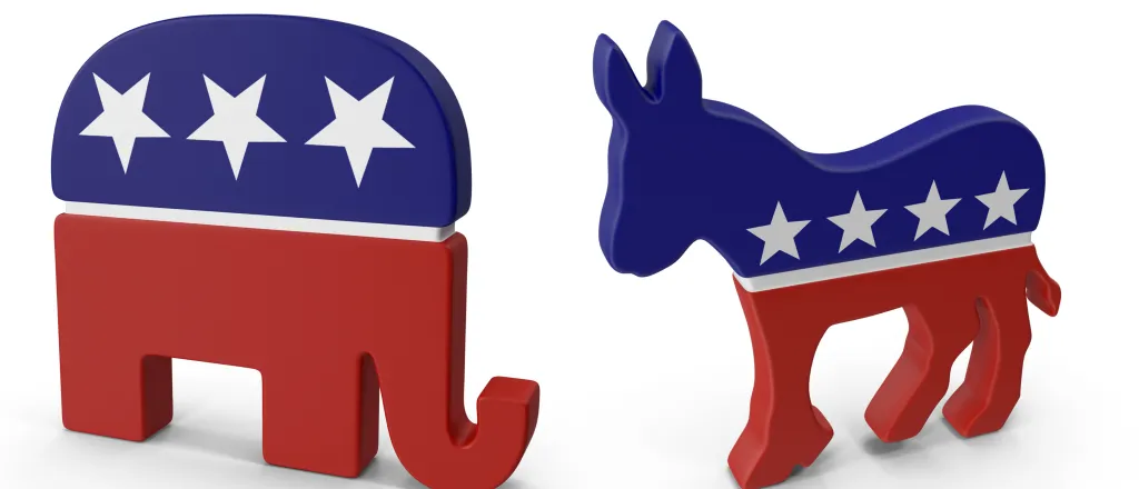 PROMO HIRES Politics - Government Democrat Republican Party Symbols - fitimi - iStock-528483210 Democrat and Republican Party symbols of an elephant and donkey in a patriotic red, white, and blue motif - fitimi - iStock-528483210
