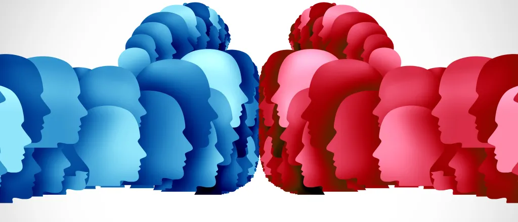 PROMO HIRES CROPPED Politics - Election Culture Community - wildpixel - iStock-1393613016 Concept image of two fists shaped from cutouts of a human head profiles colored in shades of red and blue.