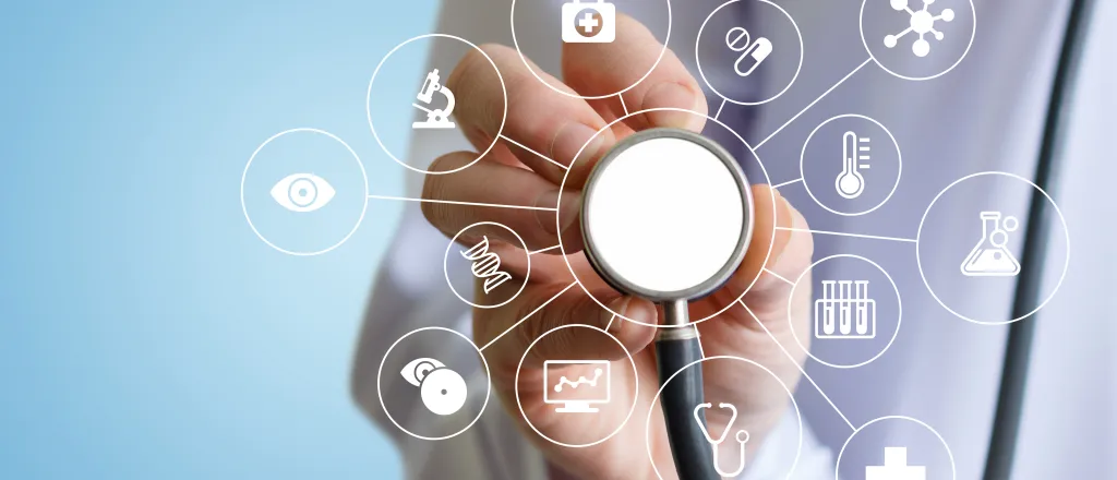PROMO HIRES Health - Medical Stethoscope Symbols - iStock - Natali_Mis Person holding a stethoscope receiver toward the camera with images of medical symbols