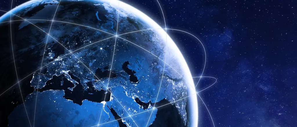 PROMO HIRES Technology - Communications Earth Satellite Space Computer - NicoElNino - iStock-1059548518.jpg Concept image showing a planet with lines indicating satellites in orbit.