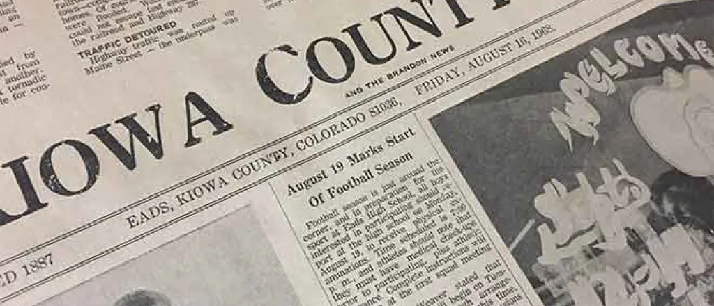 PROMO 64J1 Community - Pages from the Past Front Page - Chris Sorensen Close up of the front page of the Kiowa County Press from August 16, 1968.